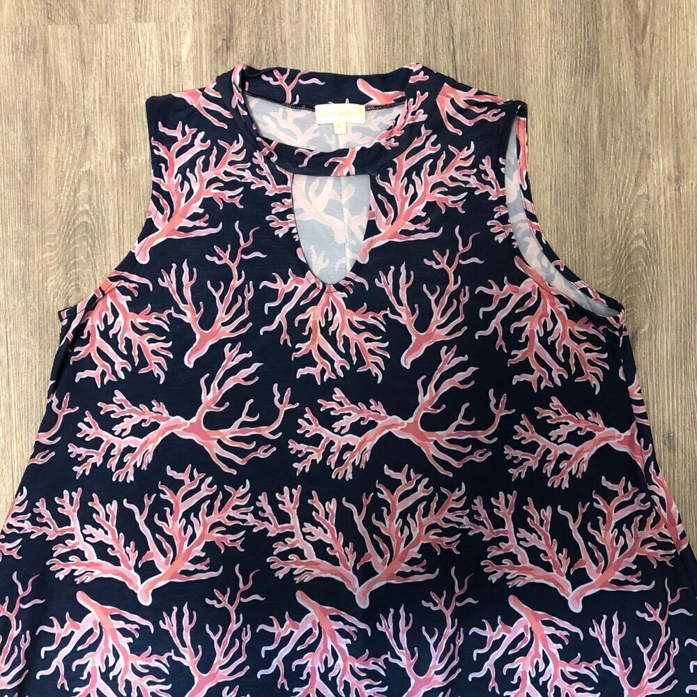 Simply Southern Women's Size XL Shift Dress Navy Blue Pink Coral Floral Fringe - Picture 3 of 10